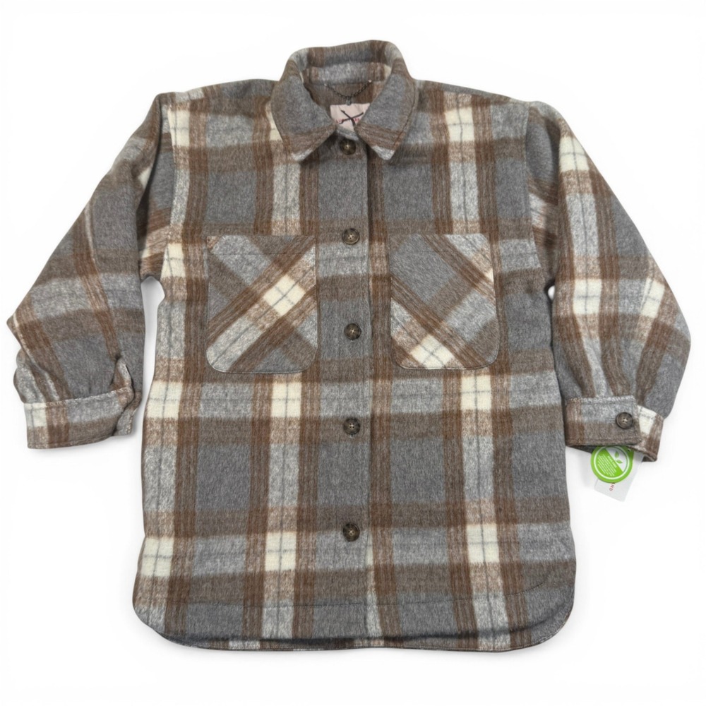 Lucky Brand Plaid Shacket Grey Brown Button Front Jacket Womens XS Oversized NWT